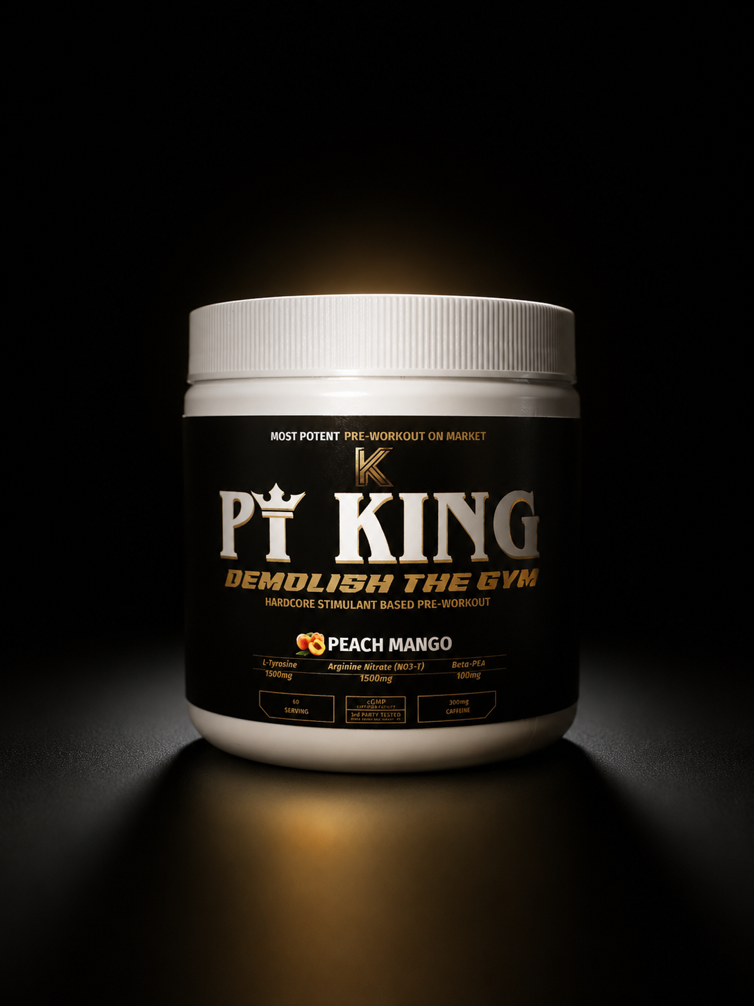 PT King Pre-Workout tub in Peach Mango flavor